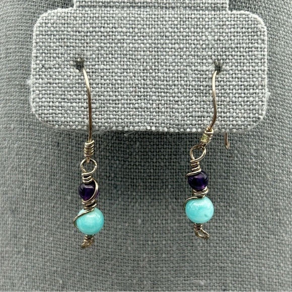 Boho Light Blue & Purple Beaded Wire Wrapped Dangle Earrings 925 Sterling Silver - Picture 1 of 5
